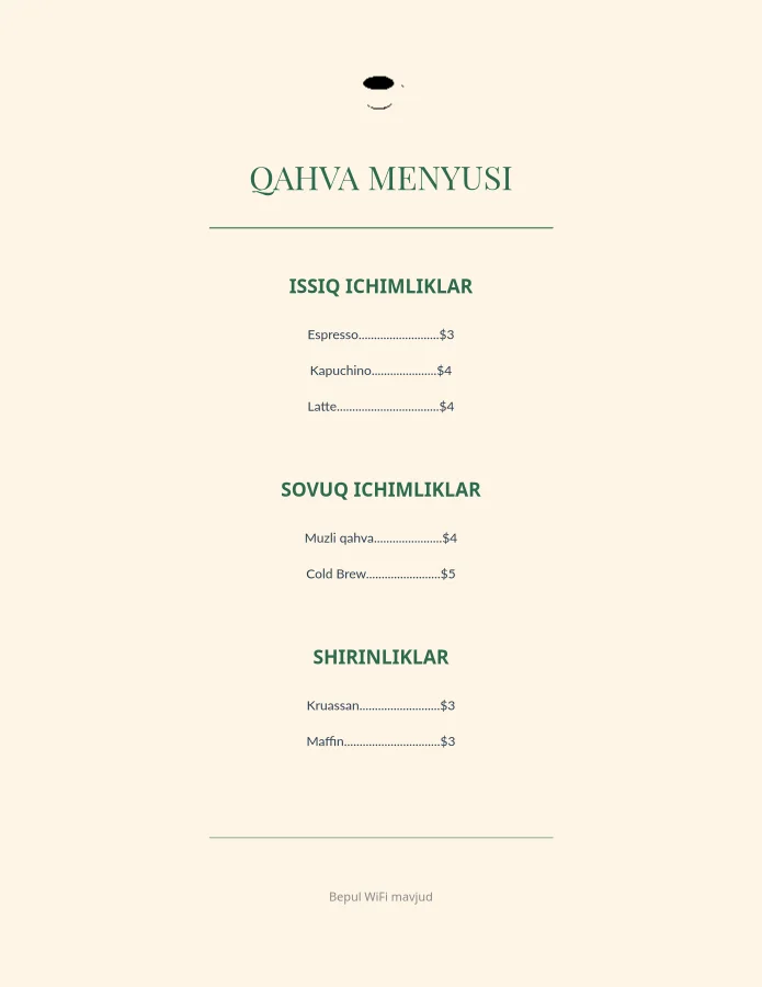 O'rmon kafe menyusi