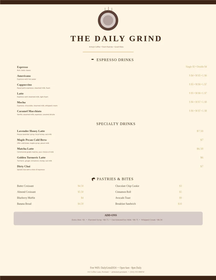 Daily Grind Coffee Shop Menu