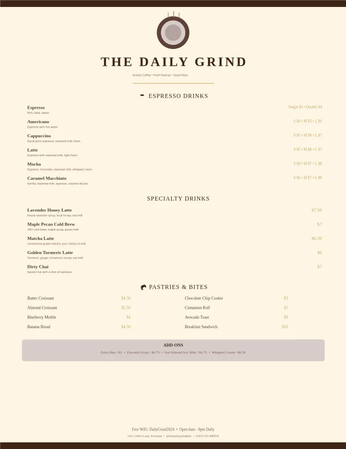Meniul cafenelei Daily Grind