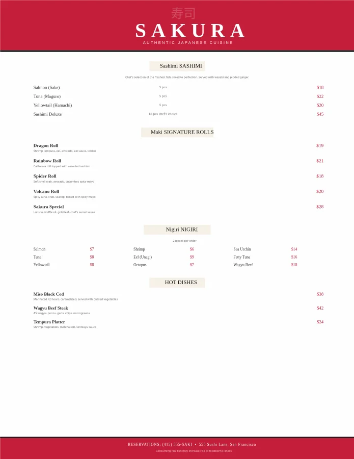 Sakura Japanese Sushi Menu