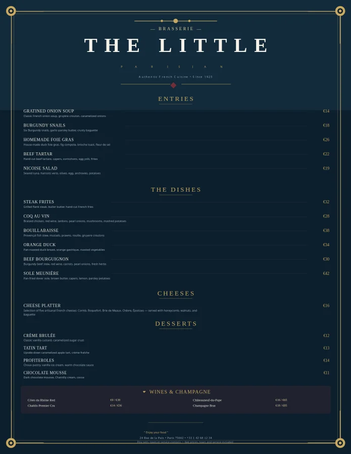 Le Petit Parisien French Brasserie Menu