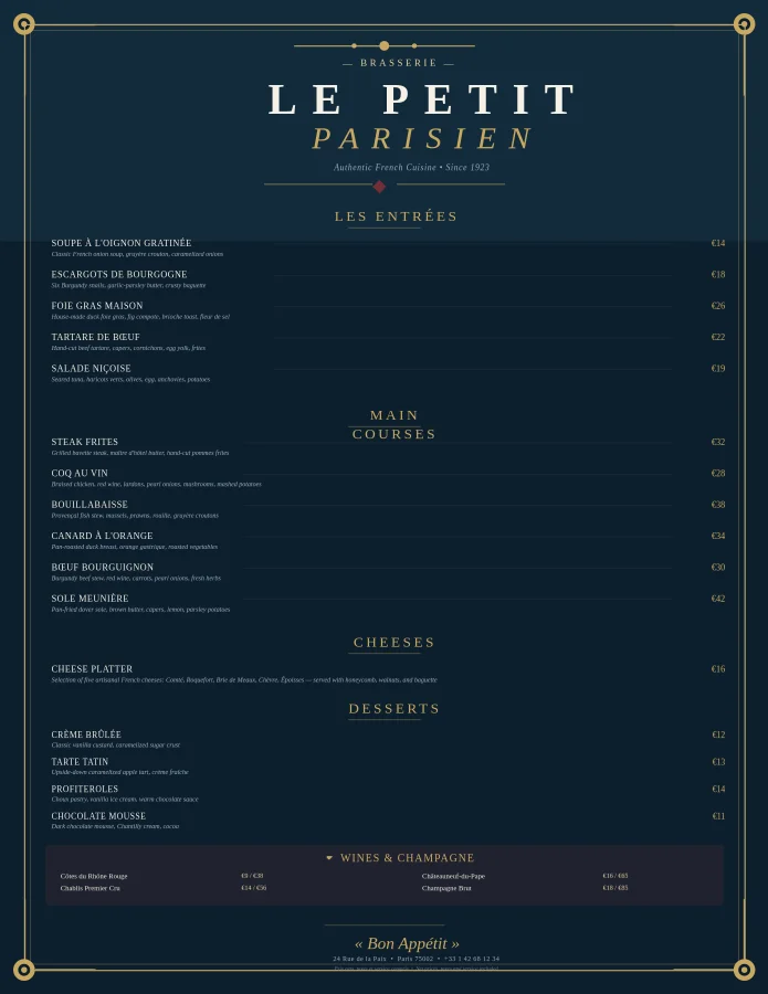 Le Petit Parisien Fransuz Brasserie Menýusy