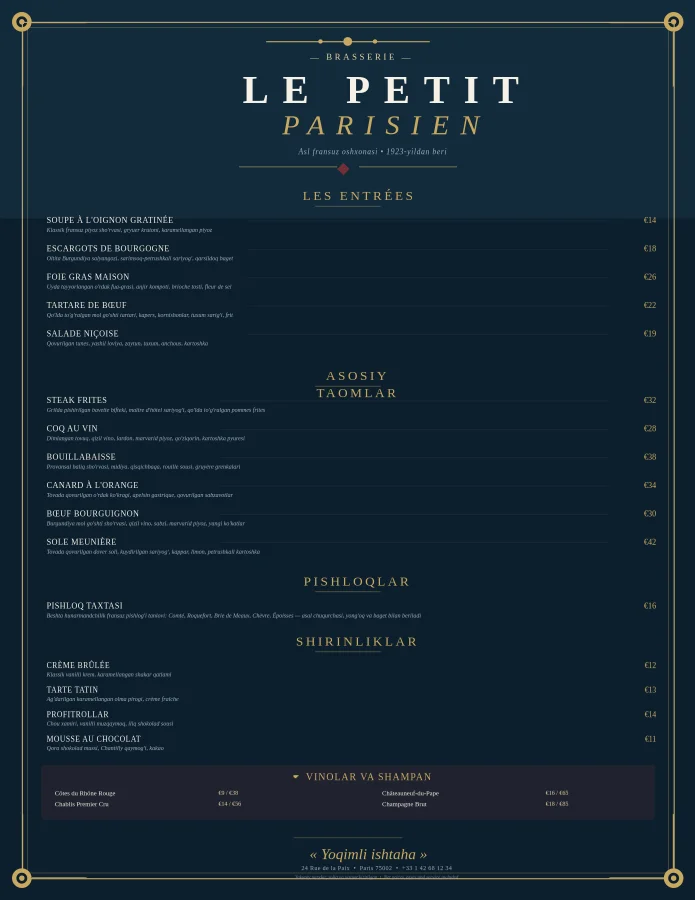 Le Petit Parisien fransuz brasseri menyusi
