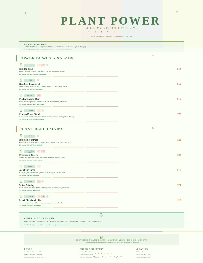 Plant Power Modern Vegan Menu