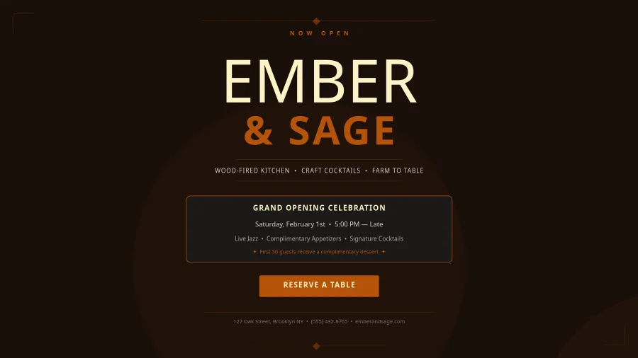 Ember & Sage — Plakat wielkiego otwarcia restauracji