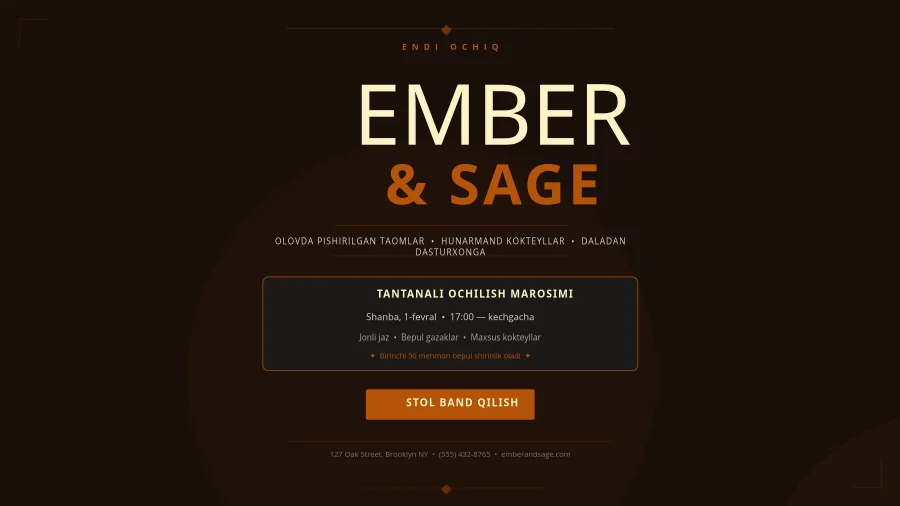 Ember & Sage — Restoran ochilishi posteri