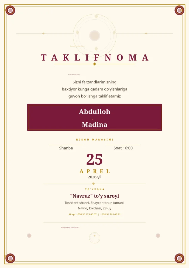 Hashamatli To'y Taklifnomasi — A5