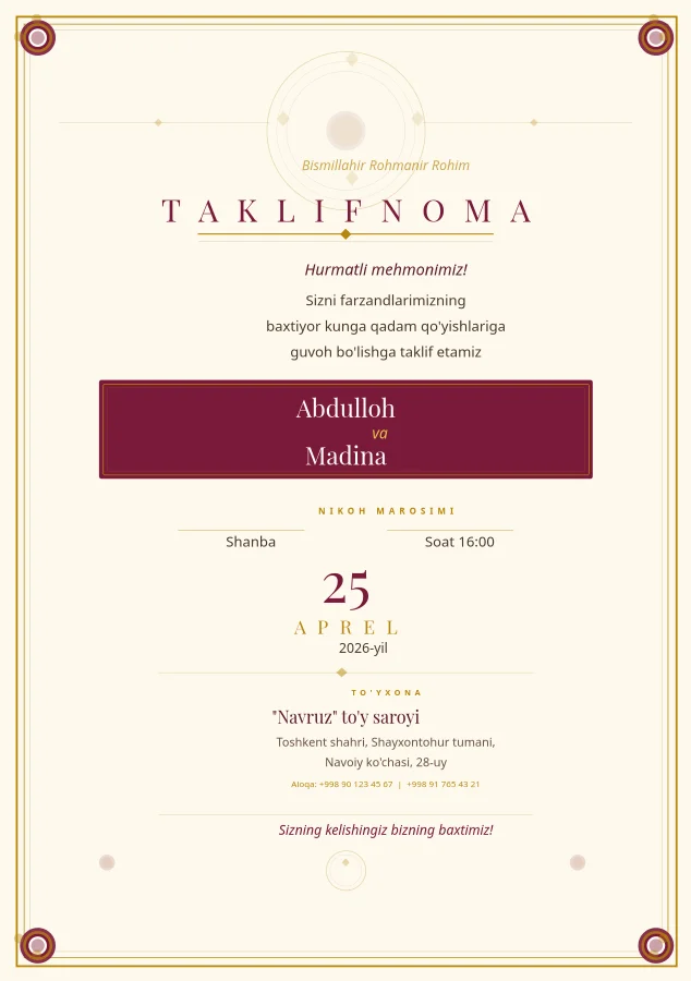 Hashamatli To'y Taklifnomasi — A5