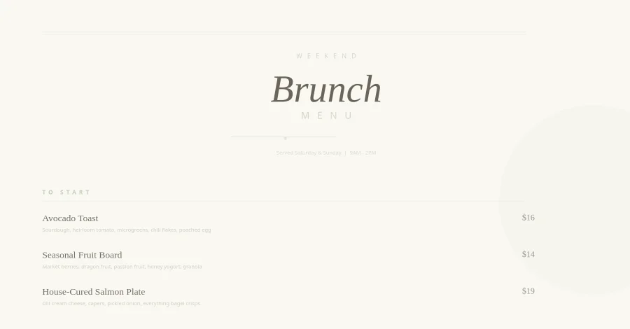 Upscale Weekend Brunch Restaurant Menu