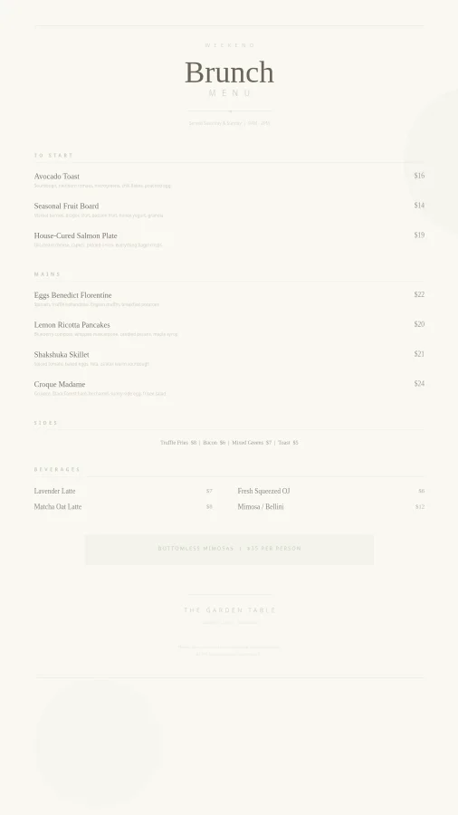Upscale Weekend Brunch Restaurant Menu
