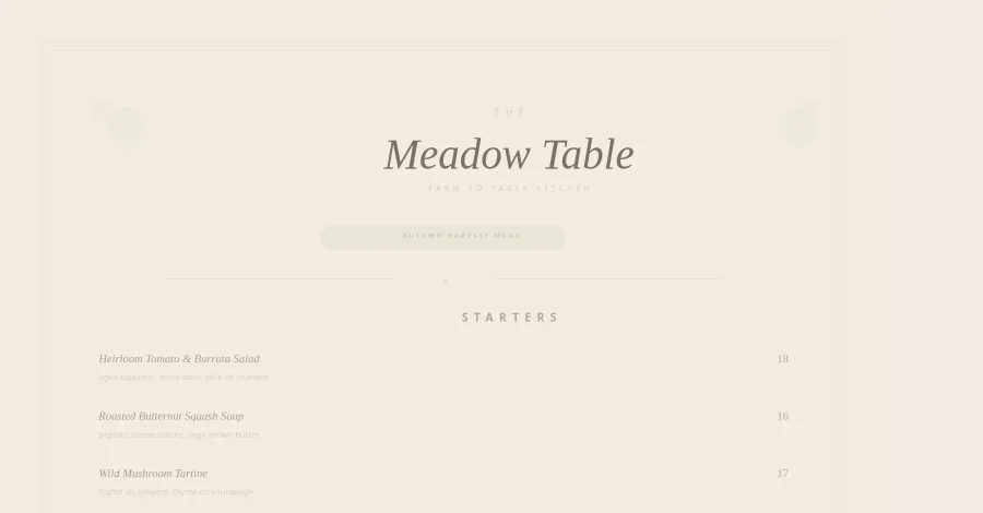 Farm to Table Seasonal Harvest Dinner Menu
