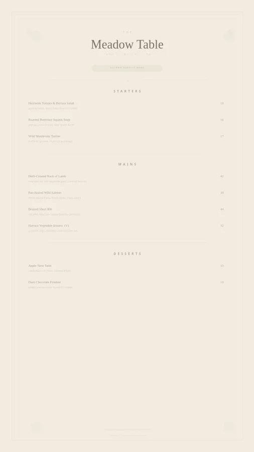 Farm to Table Seasonal Harvest Dinner Menu
