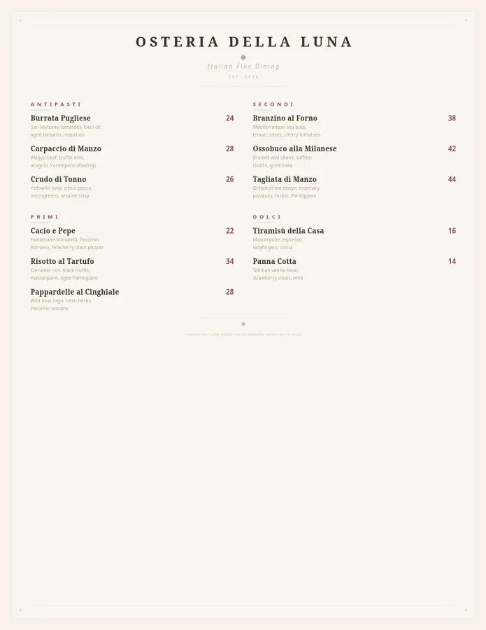 Osteria Fine Dining Menu