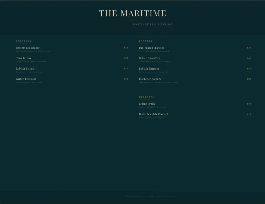 Mediterranean Seafood Restaurant Menu