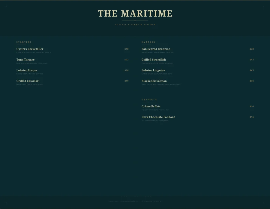 Mediterranean Seafood Restaurant Menu