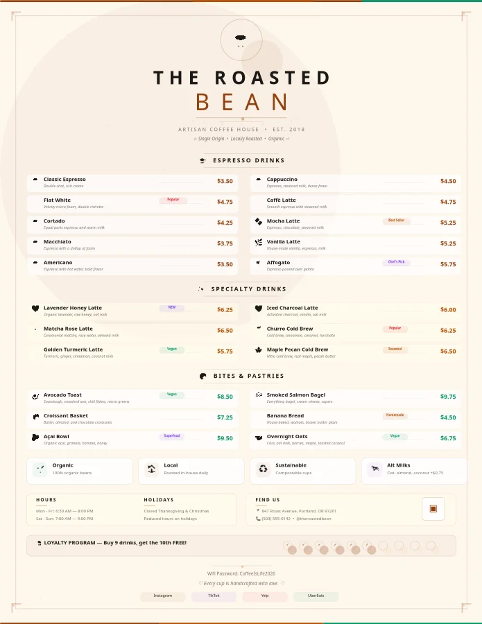 The Roasted Bean — Artisan Coffee Menu
