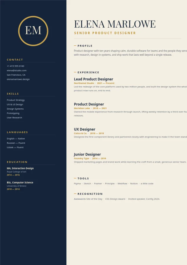 PROFESSIONAL RESUME — Two-Column CV