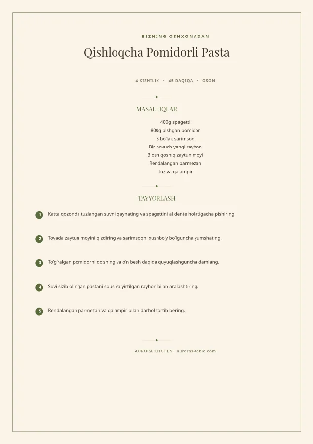 RETSEPT KARTASI — Kitchen Olive & Cream