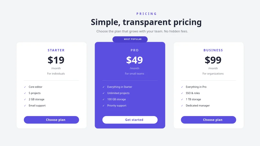 PRICING TABLE — Three Plans