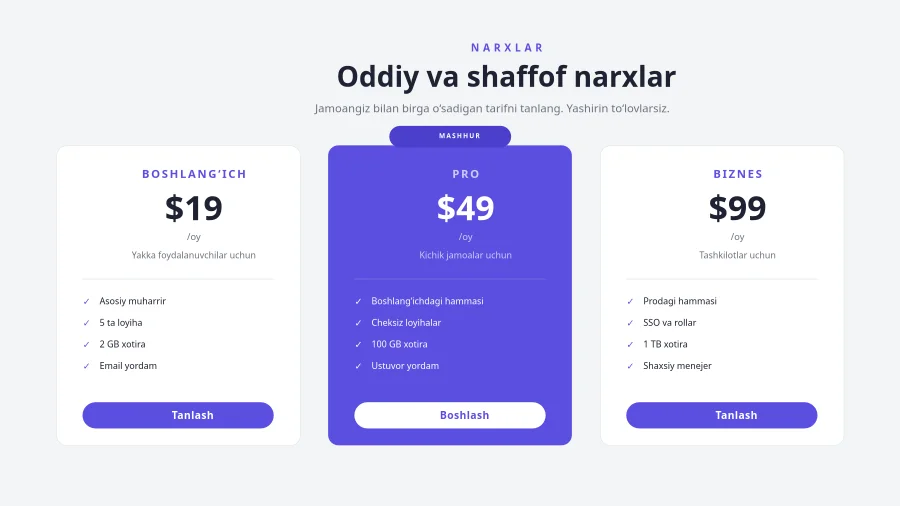 NARXLAR JADVALI — Uch Tarif