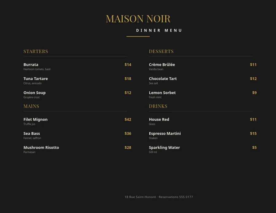 DINNER MENU — Noir & Gold