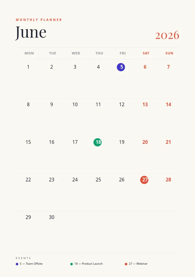 MONTHLY CALENDAR — June 2026