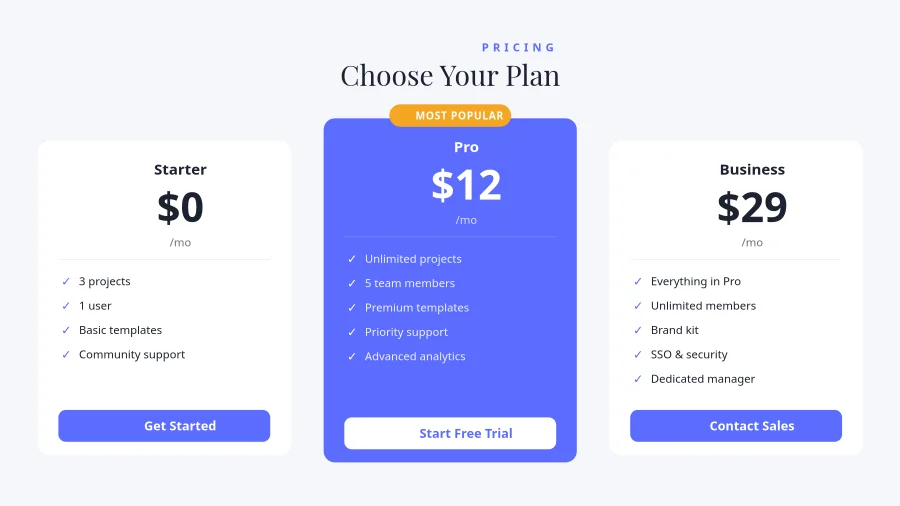 PRICING TABLE — Choose Your Plan