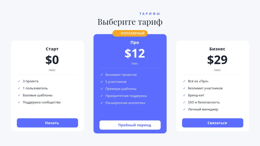 ТАБЛИЦА ТАРИФОВ — Выберите Тариф