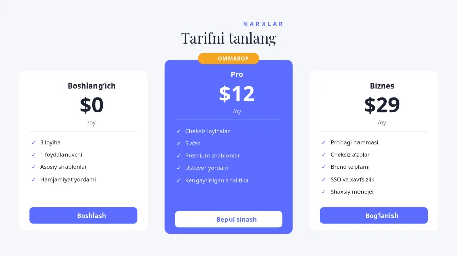 NARXLAR JADVALI — Tarifni Tanlang
