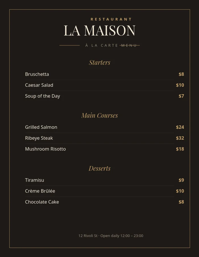 RESTAURANT MENU — À la Carte