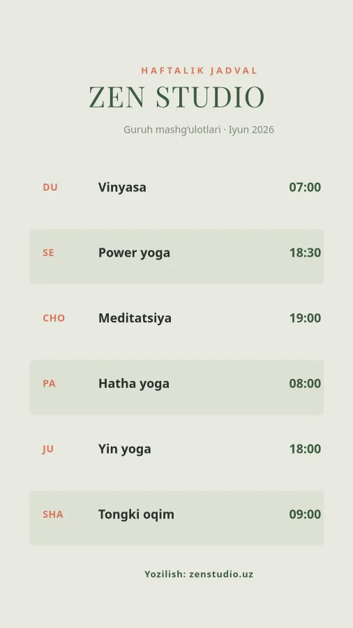 MASHG‘ULOTLAR JADVALI — Yoga Studiyasi
