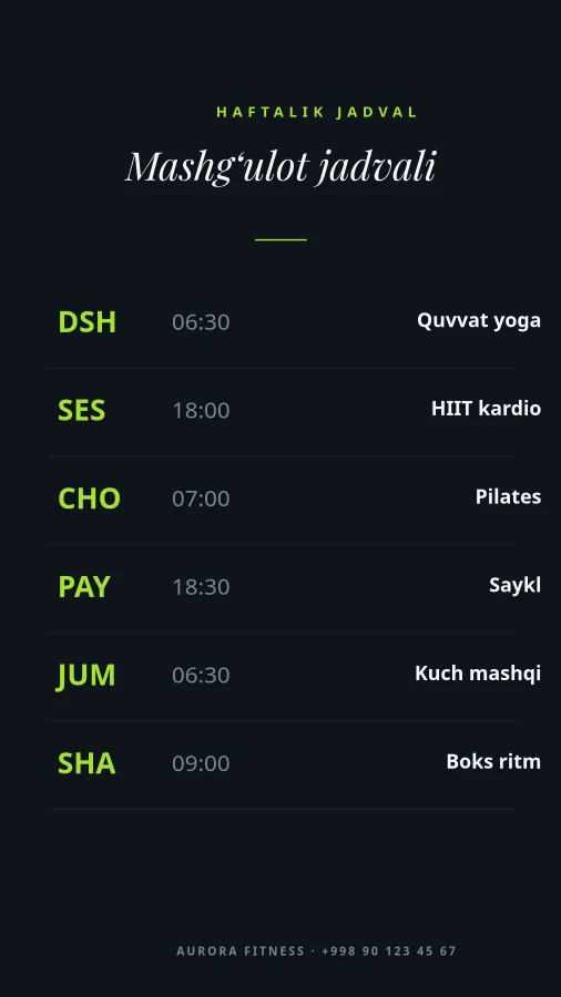 FITNES — Haftalik Mashg‘ulot Jadvali