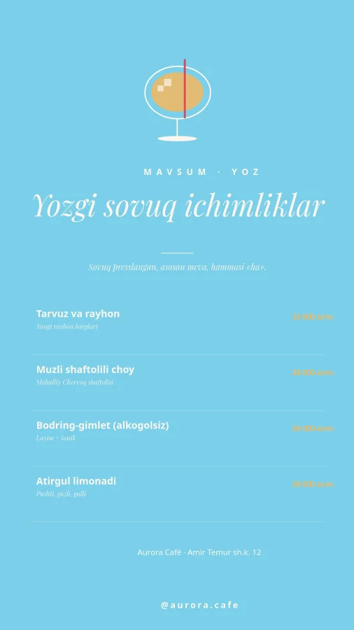 YOZGI SOVUQ ICHIMLIKLAR — Menyu