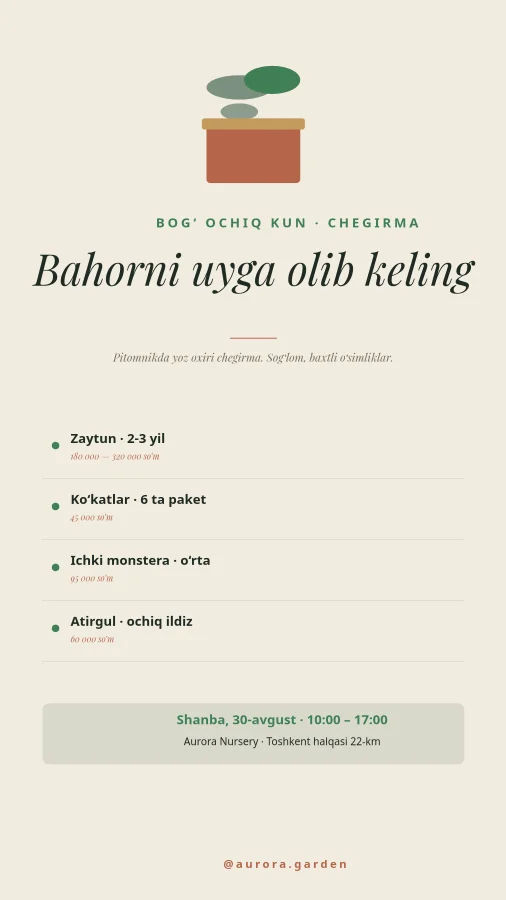 BOG‘ OCHIQ KUN — O‘simlik Bozori