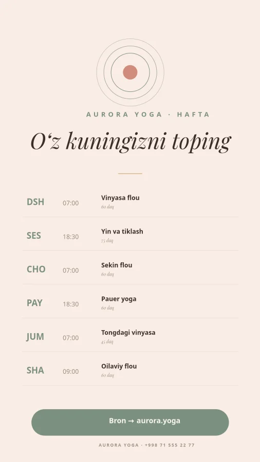AURORA YOGA — Haftalik Jadval