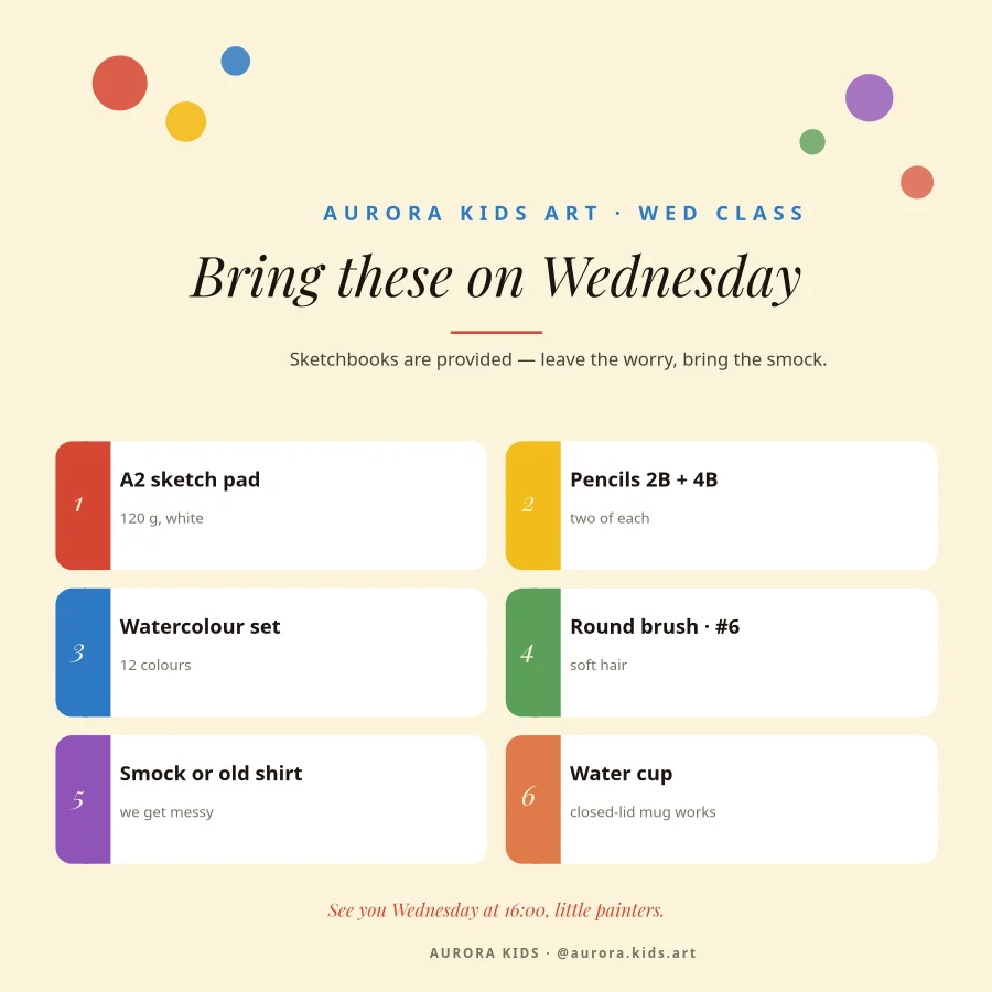 KIDS ART CLASS — Supplies List