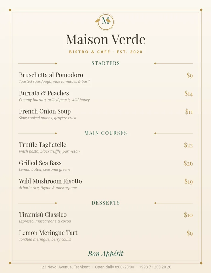 Bistro Menu