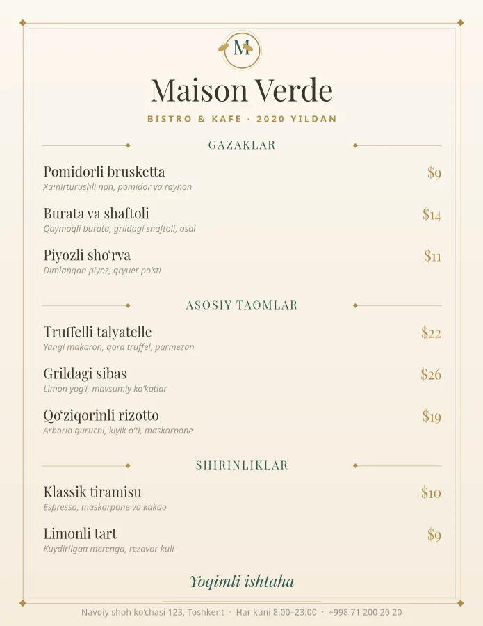 Bistro Menu